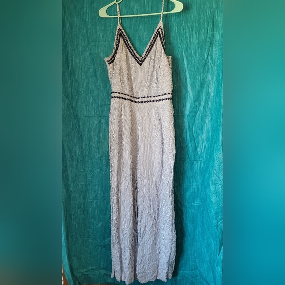 Japna Jumpsuit Womens XL Blue White Striped Embroidered V Neck Smocked Back - Picture 3 of 6